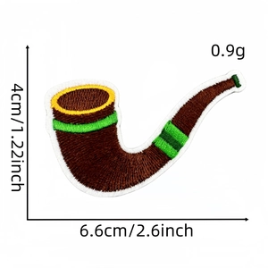 Detailed size and weight measurement of a brown pipe embroidery patch on white background