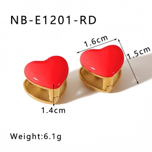 Detail view of 18K gold plated heart earrings in red enamel with size and weight specs