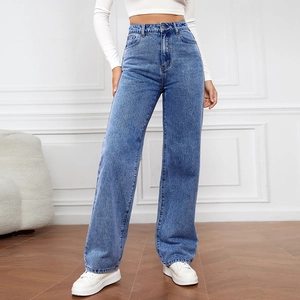 Jean femme taille haute à jambes larges en denim délavé bleu foncé avec coupe droite chic