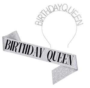 Detail showing shiny silver Birthday Queen sash and glittering rhinestone crown headband set