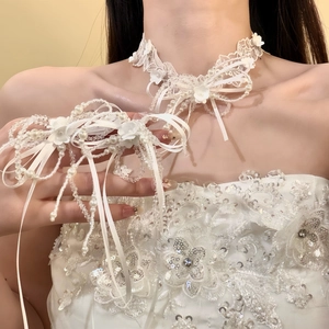Vintage Floral Artificial Pearl Bow Lace Choker Necklace And Earrings Set For Bride Wedding Luxury Retro Jewelry For Women