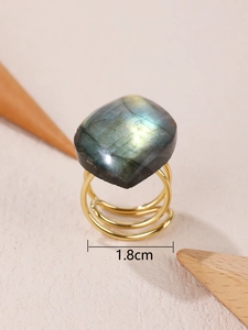 Detailed view of irregular natural labradorite ring with 1.8cm diameter marking