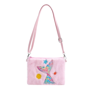 Detailed close-up of pink plush mermaid shoulder bag with sequined sea-themed embroidery