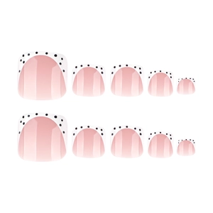 French white toe press-on nails with black polka dots on translucent pink base