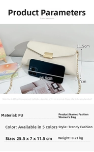 Detailed dimensions and specs of white PU leather baguette bag with metal chain