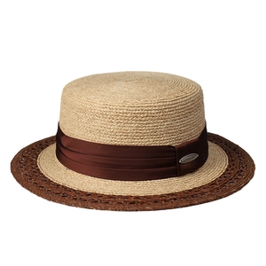 Vintage flat top straw hat with wide ribbon and pleated design for summer sun protection