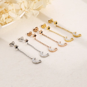 Chic stainless steel long star and moon drop earrings in gold, silver, and rose gold