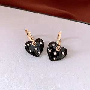 French style gold heart hoop earrings with black enamel and sparkling zircons