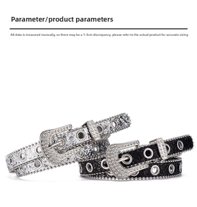 Detailed close-up of Y2K sequined belts with rhinestones and metal eyelets in black and silver