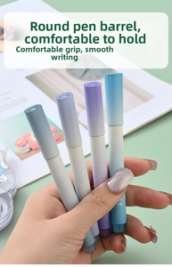 Detail of hand holding Morandi color gradient highlighters with round barrel and smooth ink