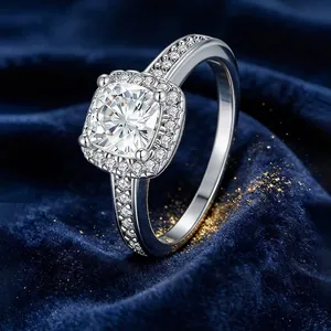 Cushion Cut Moissanite Ring White Gold Plated Halo Pavé Engagement Jewelry For Women Fashion Luxury