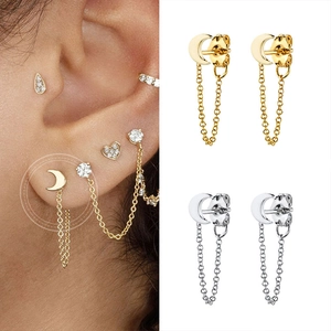S925 silver needle crescent moon tassel earrings in gold and silver finish