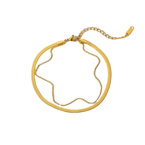 Double-layered 18K gold plated stainless steel anklet with snake and bead chain
