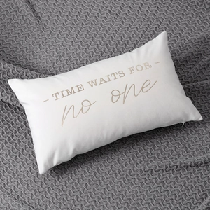 Minimalist white velvet throw pillow cover with elegant gold foil quote design for home decor.