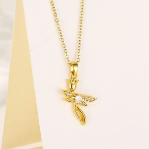 Dragonfly Tulip Pendant Necklace Stainless Steel Zircon Inlaid Elegant Forest Style Clavicle Chain Jewelry For Women