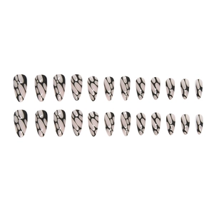 24pcs black and nude almond press-on nails with abstract gold line and bubble patterns