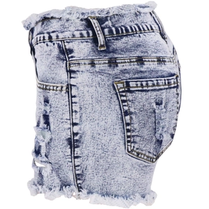 Women's light blue snow wash denim shorts with distressed holes and frayed edges