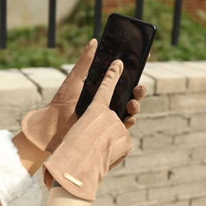 Women's khaki faux suede winter gloves with touchscreen capability and warm lining
