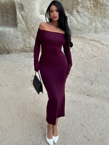 Robe Maxi À Épaules Dénudées Froncée Polyester Élasthanne Manches Longues Moulante Élégante Sexy Coupe Ajustée Pour Femme