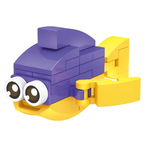 Macro shot of purple and yellow cartoon fish building block toy with big eyes