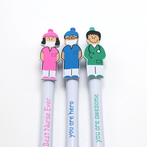 Detail of creative doctor and nurse cartoon pens with motivational English slogans