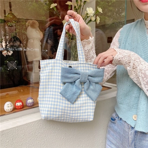 Japanese style blue and yellow plaid tote bag with denim bow and magnetic closure
