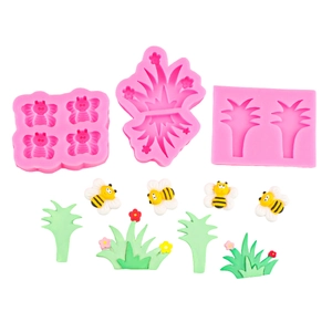 Set de 3 moldes de silicona abeja y hierba para fondant chocolate y artesanía en resina