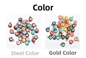 Detail of colorful Evil Eye charms in gold and steel finish for DIY jewelry making
