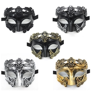 Five styles of vintage Venetian half-face masks for men in black, gold, and silver finishes