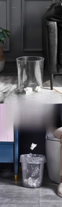 Close-up of a large transparent PET plastic trash bin in living room and bathroom settings