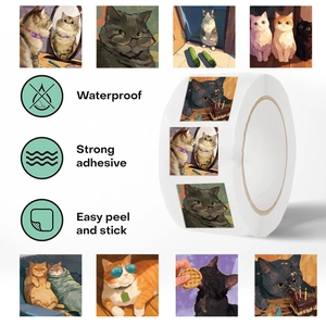 Roll of 500 illustrated cat stickers for scrapbooking with waterproof and strong adhesive