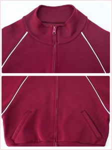 Deep red slimming sports jacket with stand collar and white contrast stripes for fitness