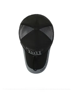 Detail of breathable mesh top and RUNNER graphic print on black quick-dry outdoor sport hat
