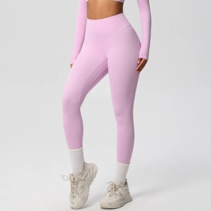 Dames yoga legging met hoge taille en top met lange mouwen in lichtpaars mat effect