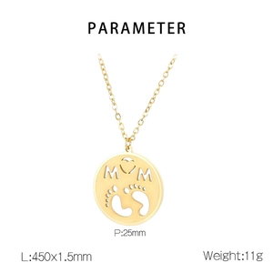 Detail showing gold MOM necklace pendant dimensions with 25mm diameter and 450mm chain