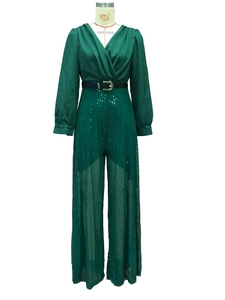Detail of V-neck jumpsuit with sequin wide-leg pants and a rhinestone belt buckle