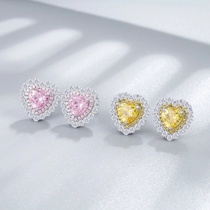 Elegant S925 silver heart cut 7mm carbon diamond stud earrings in pink and yellow