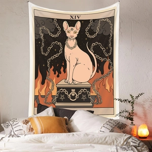 Sphinx cat tarot tapestry XIV shown on a white wall with a warm salt lamp in a cozy bedroom