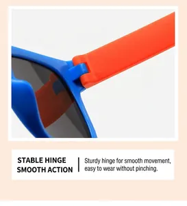 Close-up of durable smooth hinge design on blue and orange folding kids sunglasses