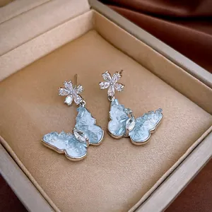 Butterfly Flower Dangle Earrings With Zircon Crystal Copper And Silver Earring Post For Women Korean Chic Fashion
