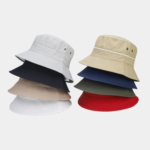 Detailed grid of waterproof bucket hats in eight different colors for outdoor sun protection