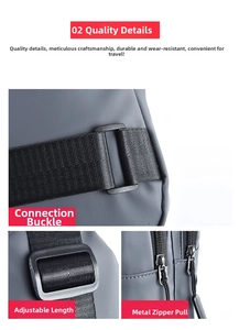 Detailed view of adjustable shoulder strap, durable connector buckle and metal zipper head