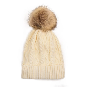 Winter chunky cable knit beanie for women in beige with detachable faux fur pom pom