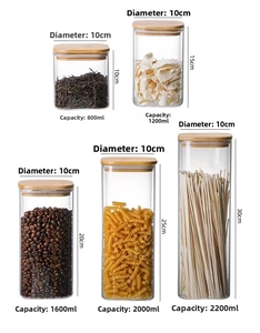 Detailed size chart for square glass jars with bamboo lids showing various capacities