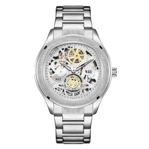Montre mécanique squelette pour homme avec bracelet acier argent et dateur