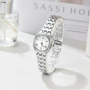 Elegant silver square watch for women with rhinestone bezel and Roman numerals dial