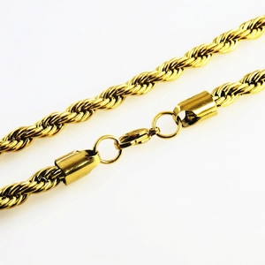 Detail of gold twisted rope chain featuring a polished finish and secure lobster clasp