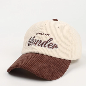 Dettaglio cappello da baseball in velluto a coste beige con visiera marrone e ricamo