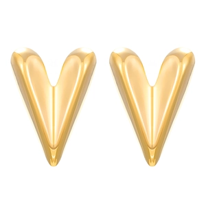 Detail of 18K gold-plated V-shaped stud earrings with a high-polished mirror finish