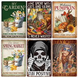 Set of 6 vintage metal garden signs with cat, pumpkin, and floral rustic wall art designs